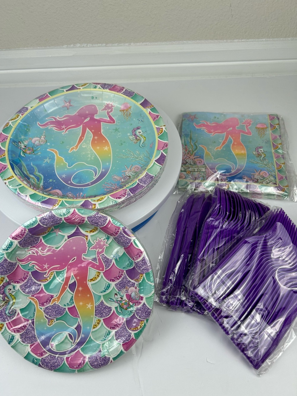 Mermaid Birthday Party Supplies Set 144pcs Plates Napkins Cutlery Sea Theme